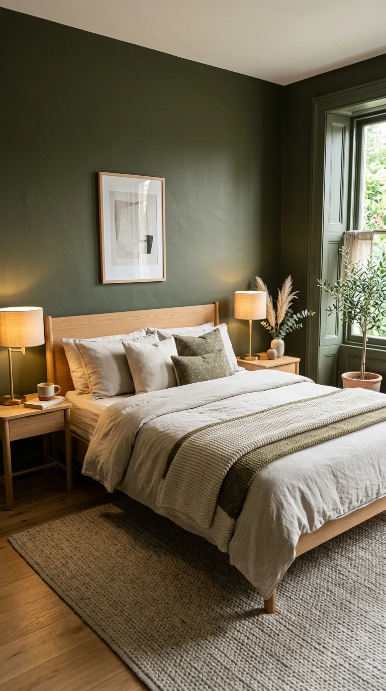 007 Deep Olive Green A bedroom with deep olive green m
