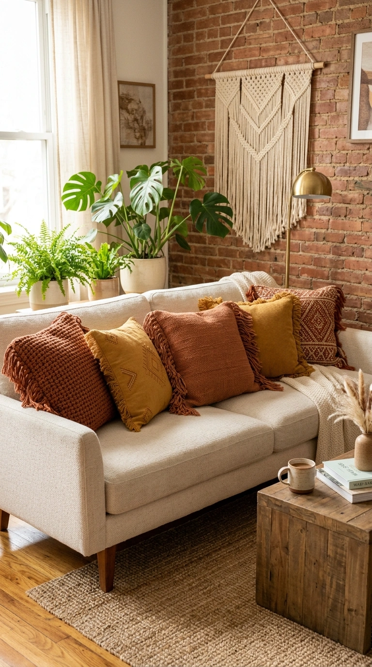 007 Fringe Throw Pillows A neutral sofa styled with an