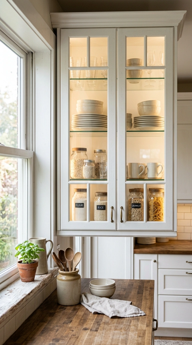 007 Glass Front Cabinets White kitchen cabinets with g
