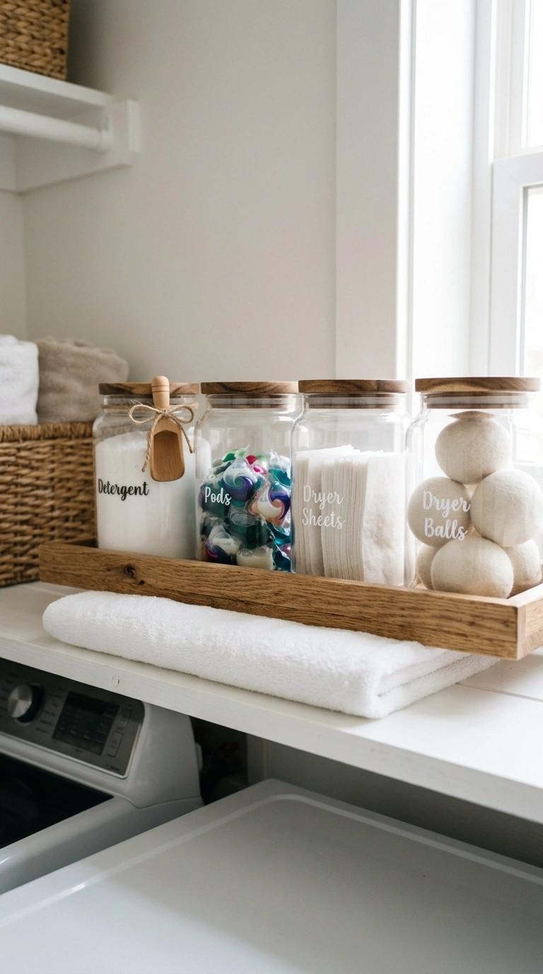 Laundry Closet Storage for Tiny Spaces (11 Ideas) 8 007 Glass Jar Station A small wooden tray on a white s