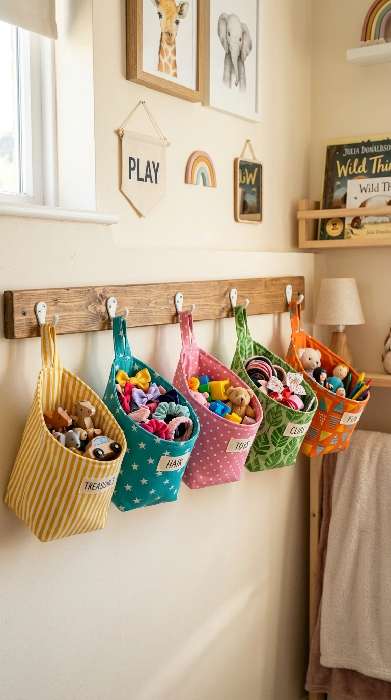 Kids Bedroom Storage That Actually Gets Used (17 Ideas) 8 007 Hanging Fabric Baskets A kids bedroom wall with a