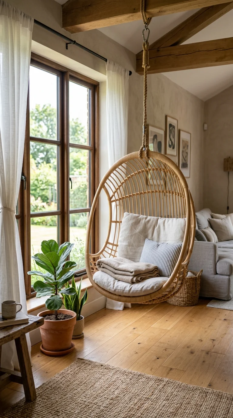 23 Budget Boho Living Rooms That Look Anything But Cheap 8 007 Hanging Rattan Chair A hanging rattan swing chair