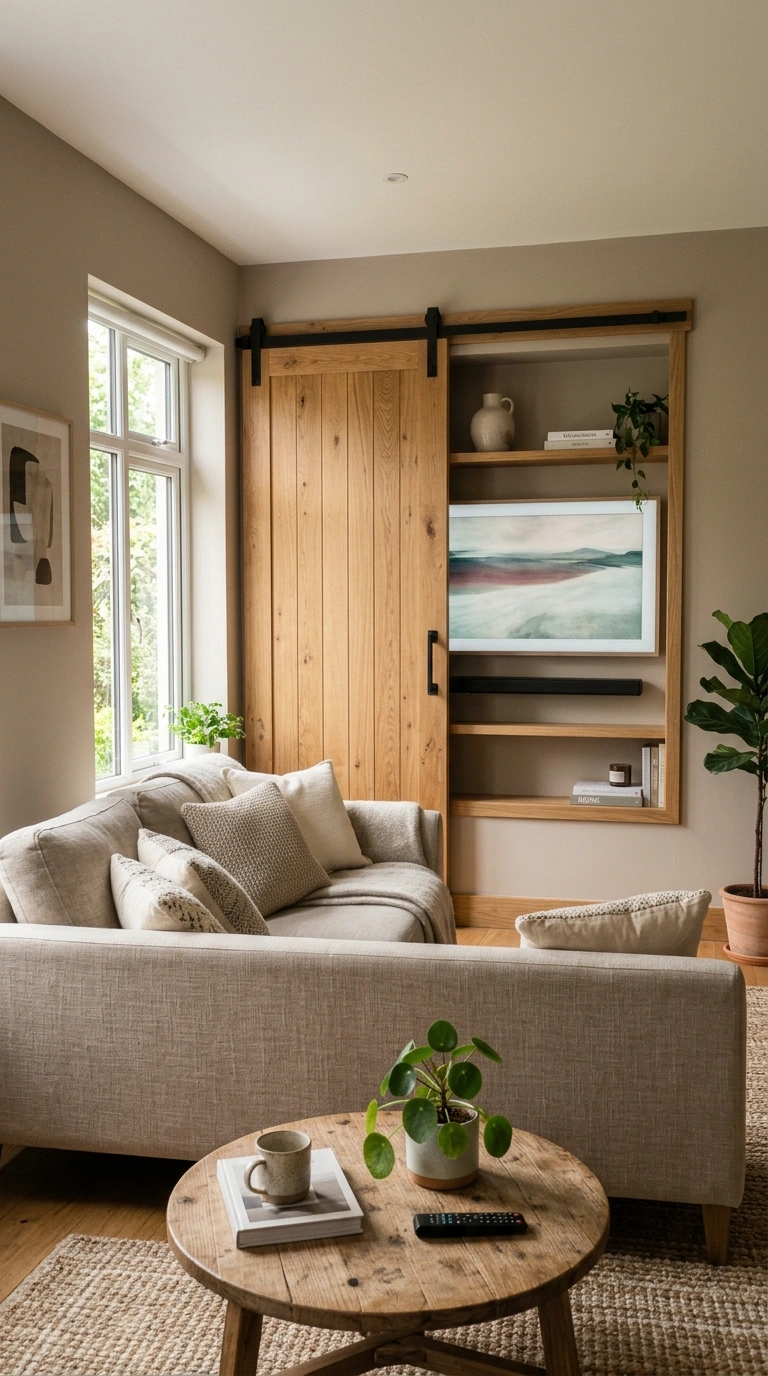 TV Wall Ideas That Don't Look Like an Afterthought (18 Picks) 8 007 Hidden TV Panel A living room wall with a wood sli
