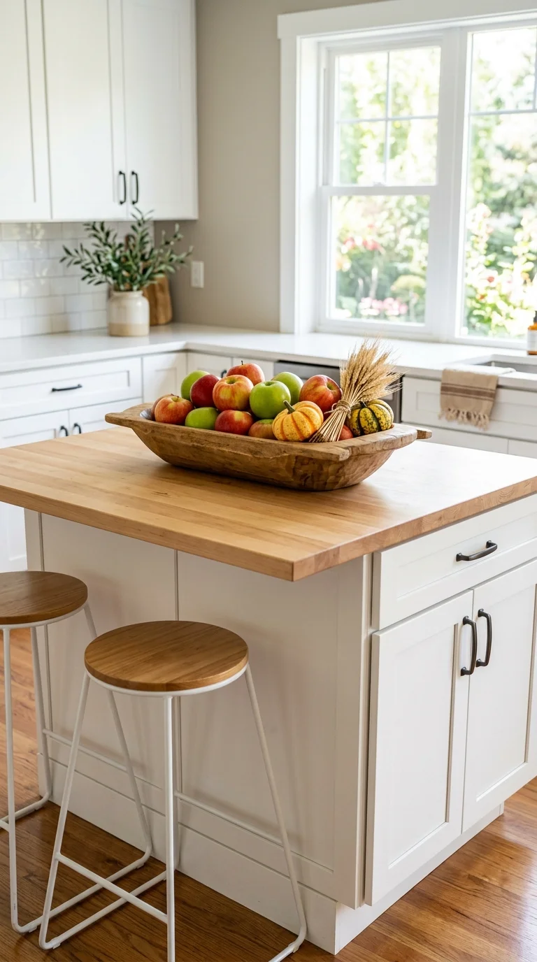 Cozy Fall Decor Ideas for Every Room (21 Picks) 8 007 Kitchen Island Apples A white kitchen island with