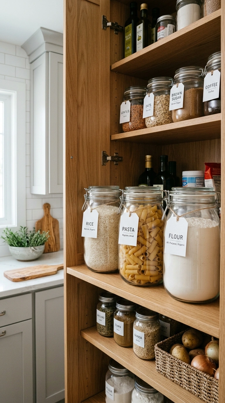 Cabinet Organization Hacks You'll Wish You Knew Sooner (18 Ideas) 8 007 Labeled Glass Jars An open pantry cabinet with mat