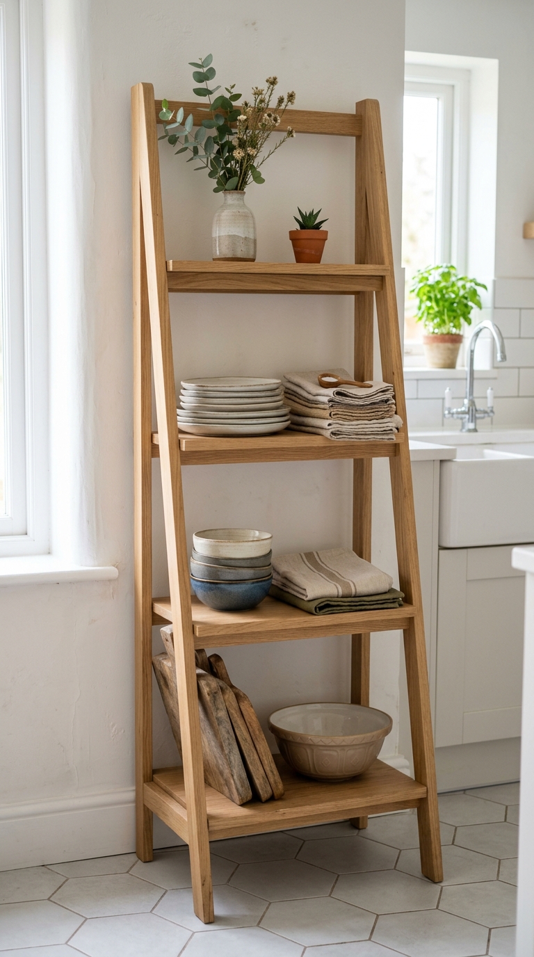 007 Ladder Shelf Unit A freestanding wood ladder shelf