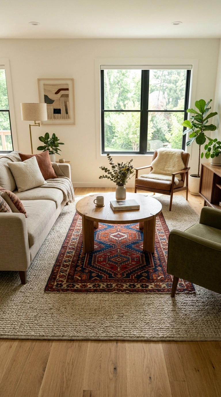 Layering Rugs the Right Way (12 Ideas) 8 007 Layered Rugs Under Coffee Table A living room with