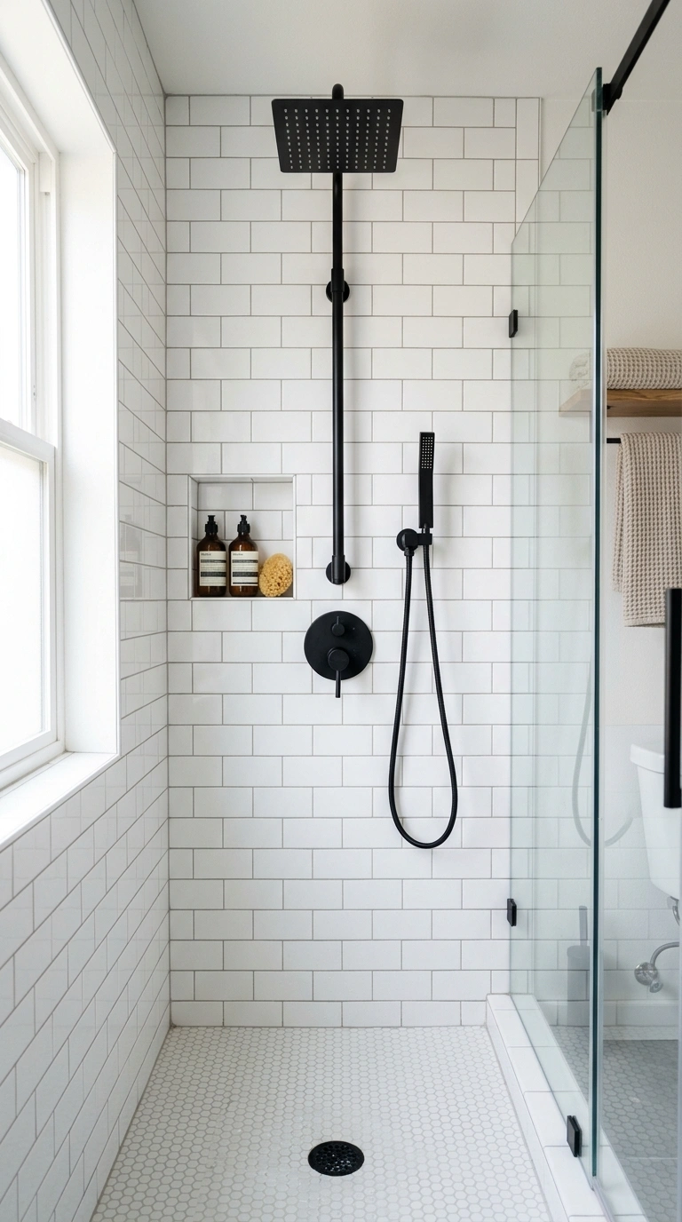 007 Matte Black Fixtures A small shower with white sub