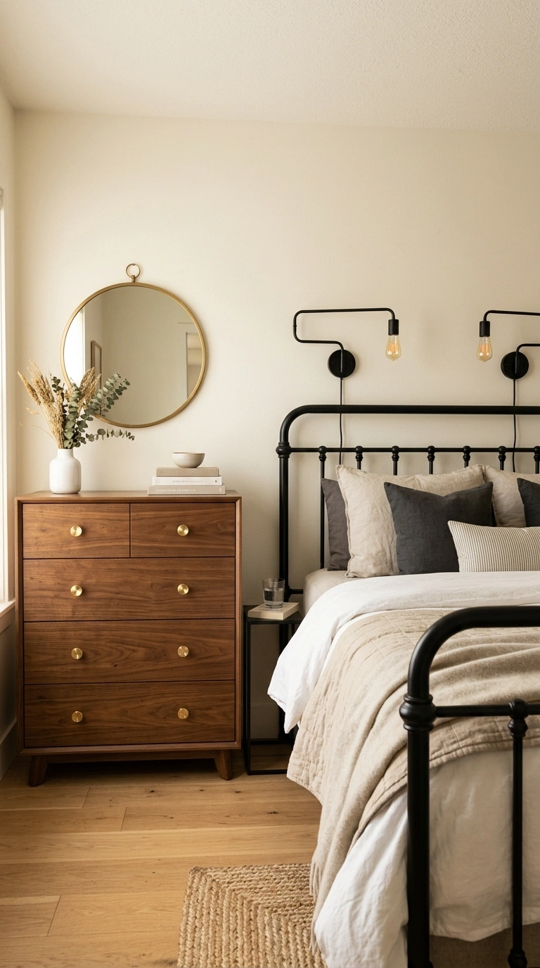 Neutral Bedrooms That Never Go Out of Style (15 Ideas) 8 007 Mixed Metal Accents A wood dresser with brass draw