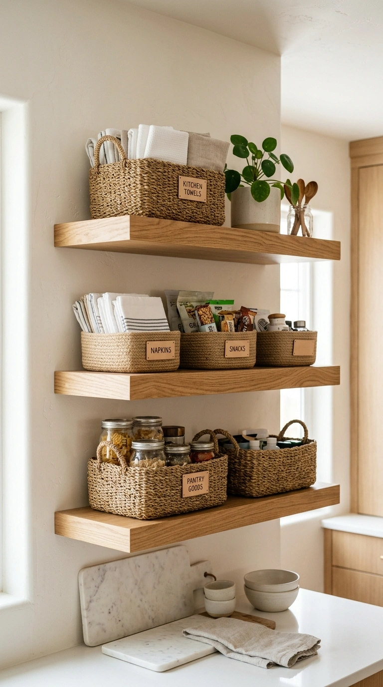Counter Clutter Gone: 17 Kitchen Organization Ideas 8 007 Open Shelf Baskets Floating wood shelves in a brig