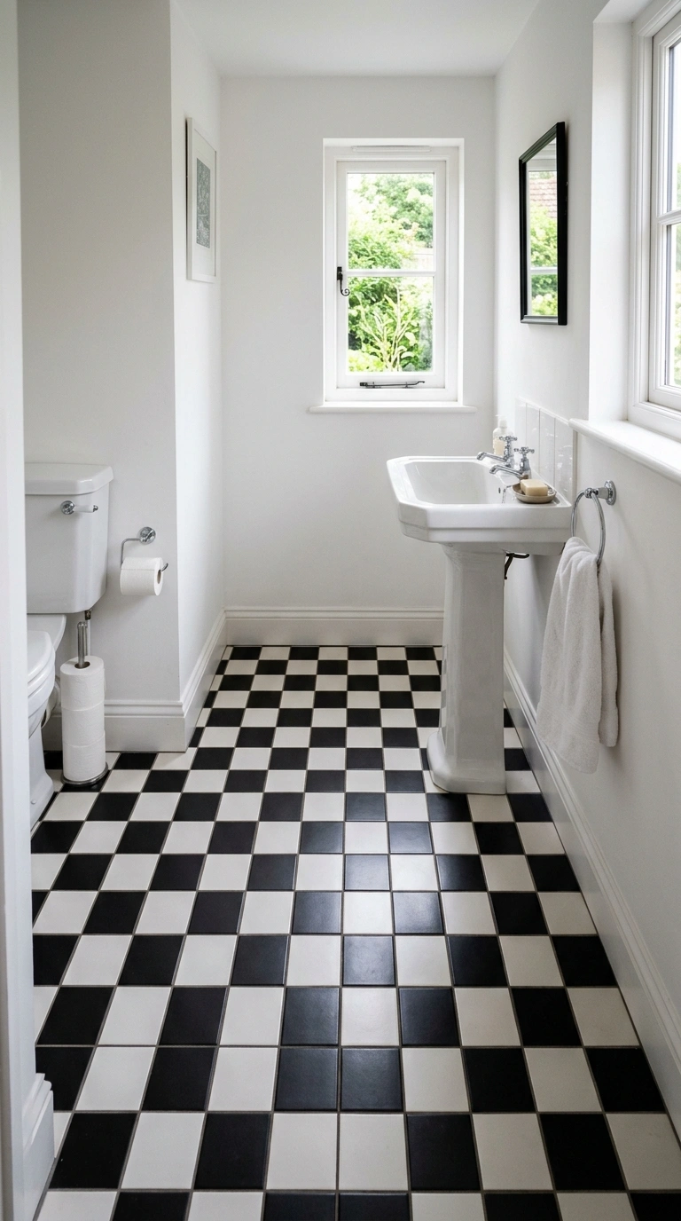 Small Half Bath? Here Are 11 Ideas That Make It Shine 8 007 Patterned Tile Floor A small half bathroom with a