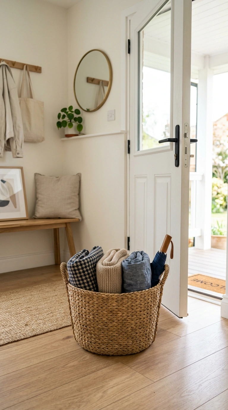21 Easy Seasonal Updates for Anyone Decorating on a Budget 8 007 Refresh Entryway Baskets A woven basket sitting on