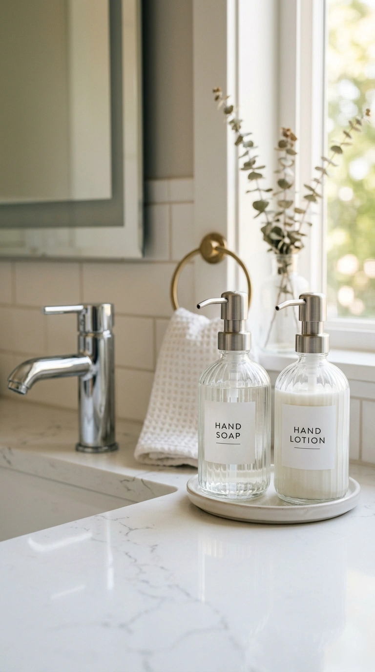 007 Soap Dispenser Set A bathroom vanity counter with