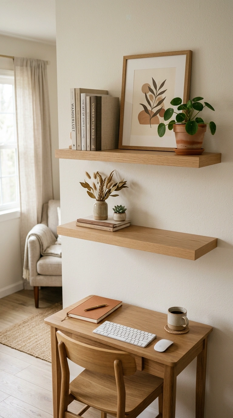19 Classy Desk Setups That Make Small Workspaces Feel Special 8 007 Style Floating Shelves Two light wood floating she