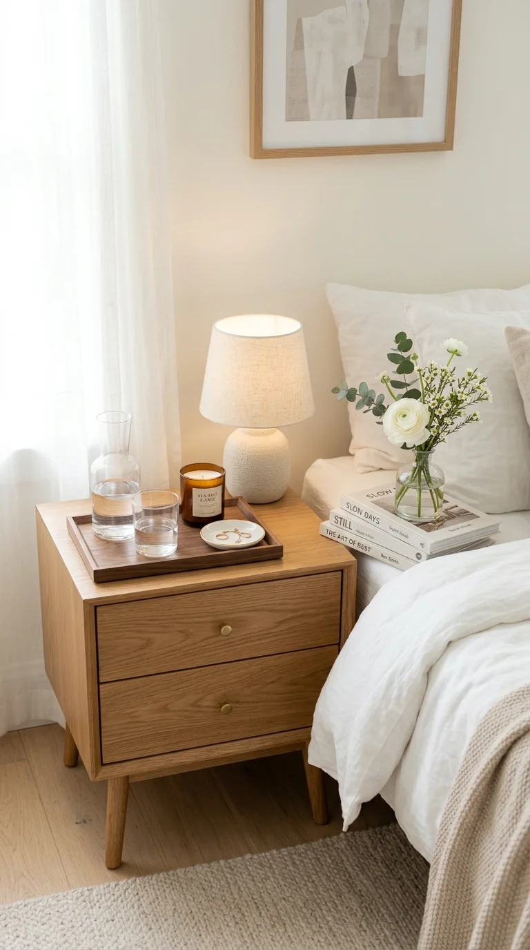 007 Styled Bedside Table A wood bedside table with a s