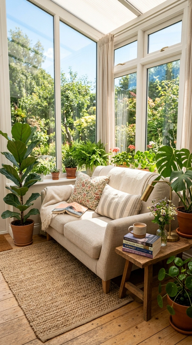 007 Sunroom Reading Spot A small two seat sofa near a