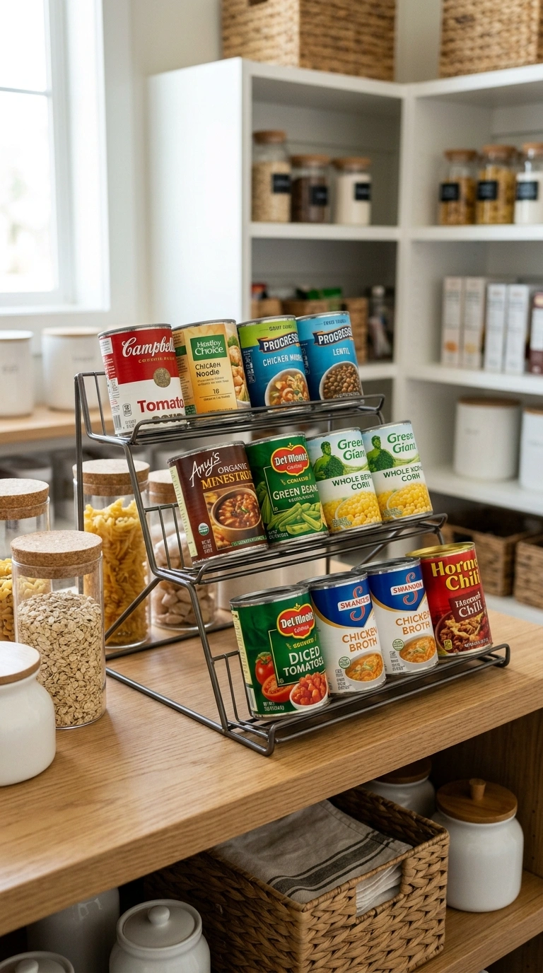 007 Tiered Can Shelf A pantry shelf with a stepped met