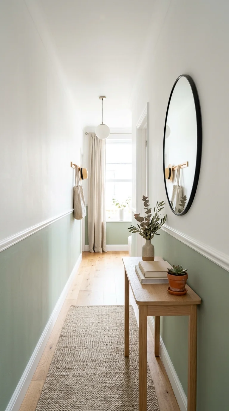 Your Tiny Hallway Deserves This Glow-Up: 20 Ideas to Try 8 007 Two Tone Walls A narrow hallway with the lower hal