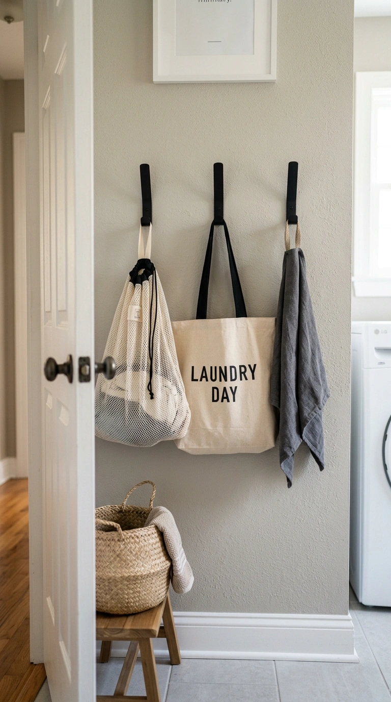 Small Laundry Room? 16 Organization Ideas That Help 8 007 Use Wall Hooks A small laundry room wall near the