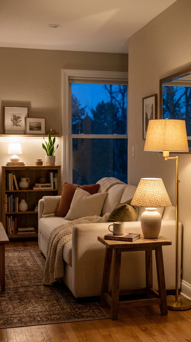 007 Warm Lighting Layers A living room in early evenin