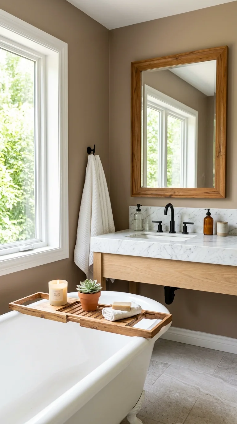 007 Warm Taupe Walls A bathroom with warm taupe painte