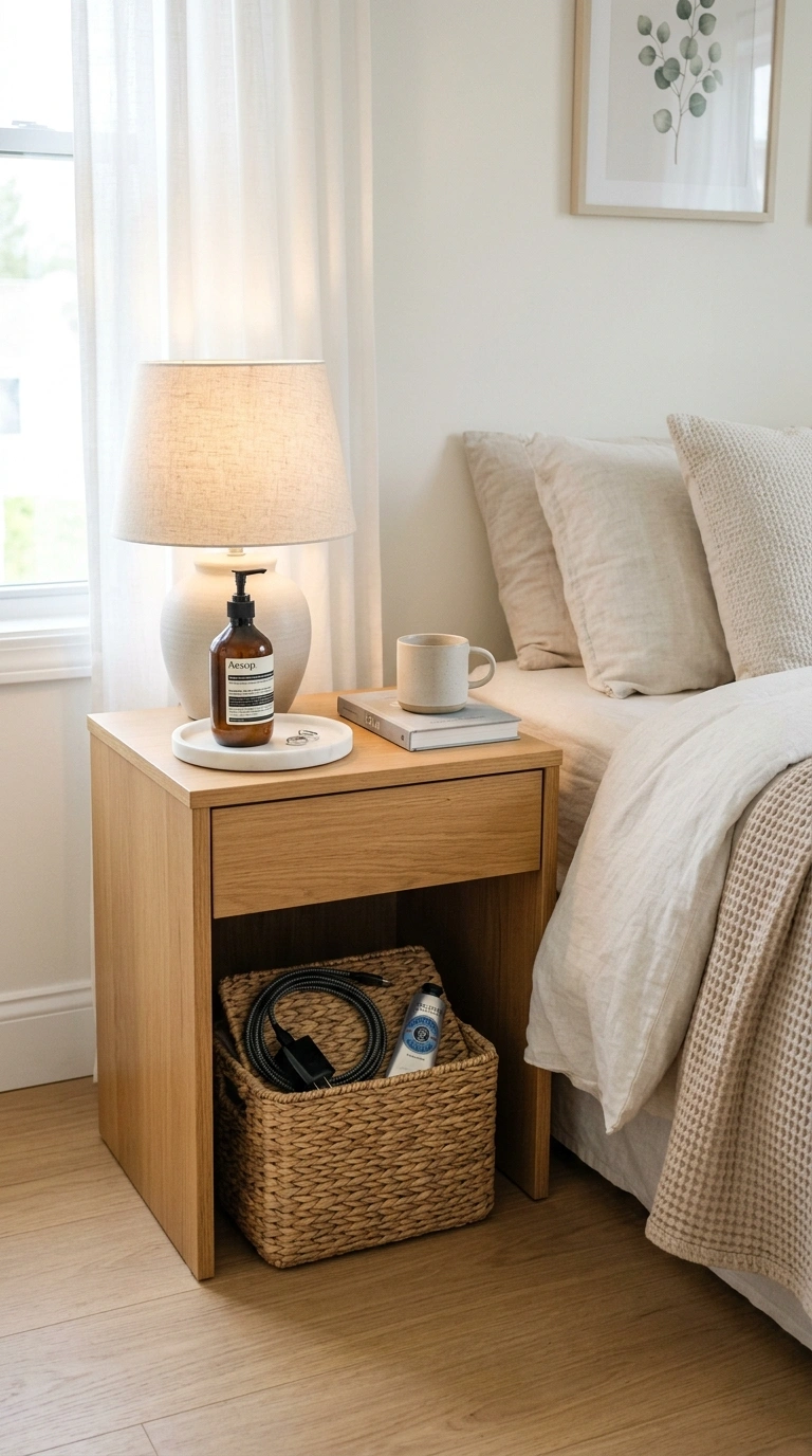 Nightstand Styling 101: 12 Looks to Try 8 007 Woven Basket Storage A bedroom nightstand with a s