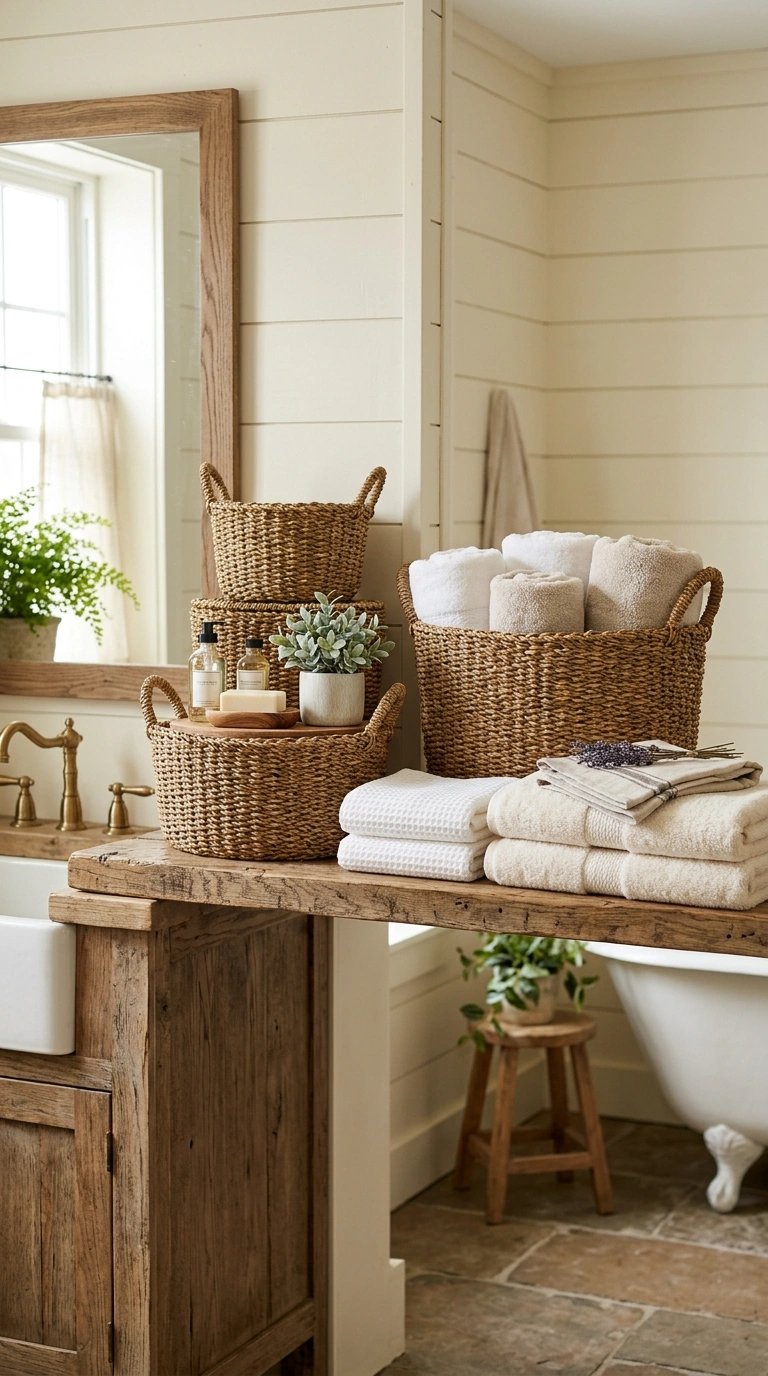 Farmhouse Bathrooms Done Right: 14 Inspiring Looks 8 007 Woven Basket Storage A farmhouse bathroom corner w