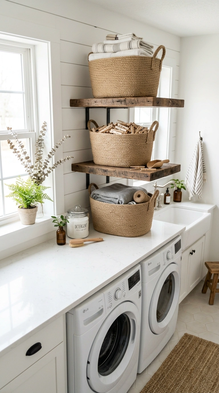 007 Woven Basket Storage A farmhouse laundry room with