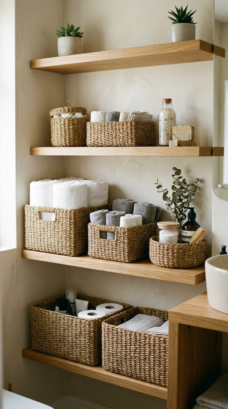 007 Woven Storage Baskets An open bathroom shelf organ