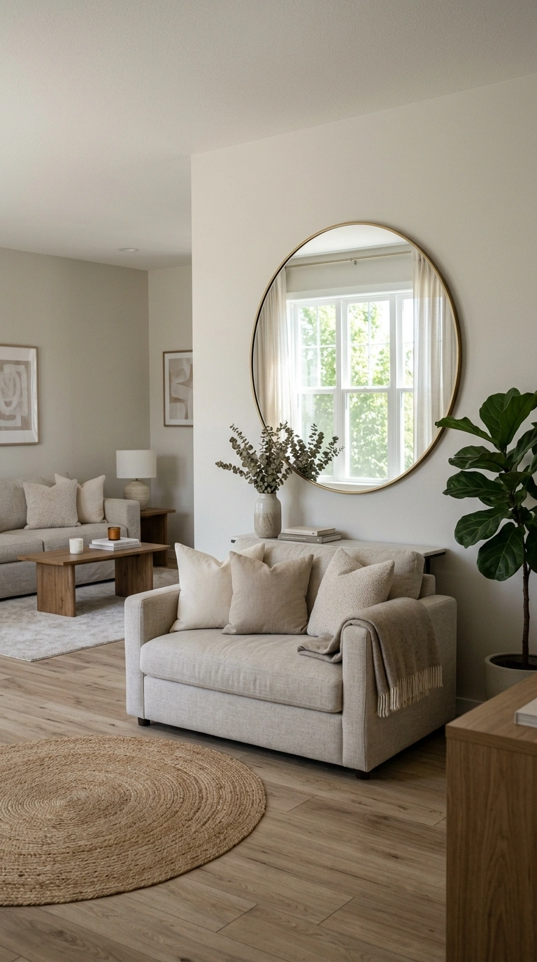 Living Room Refresh on a Budget (13 Ideas) 9 008 Add a Mirror A large round mirror hung on a wall a