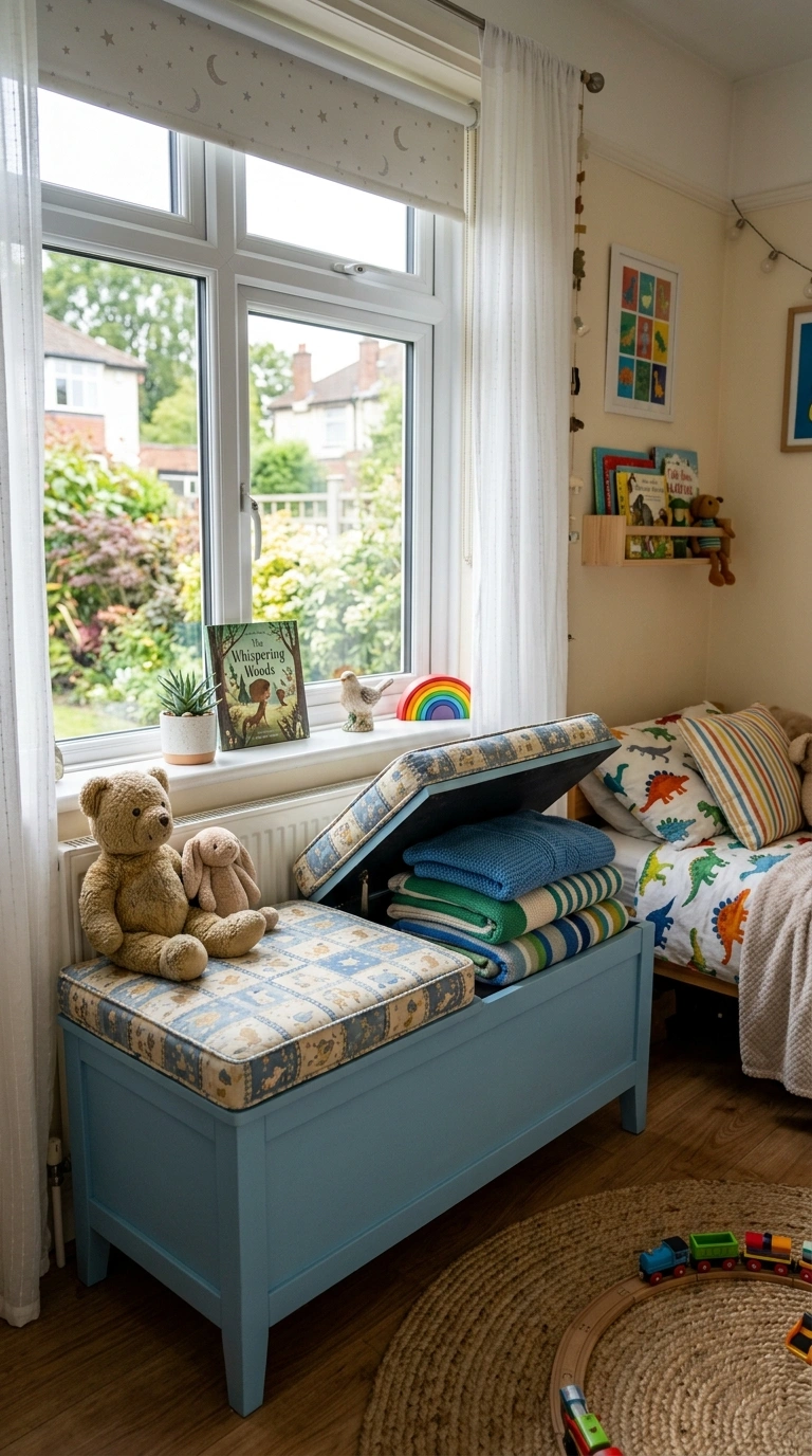 Kids Bedroom Storage That Actually Gets Used (17 Ideas) 9 008 Bench With Storage A kids bedroom with a cushioned