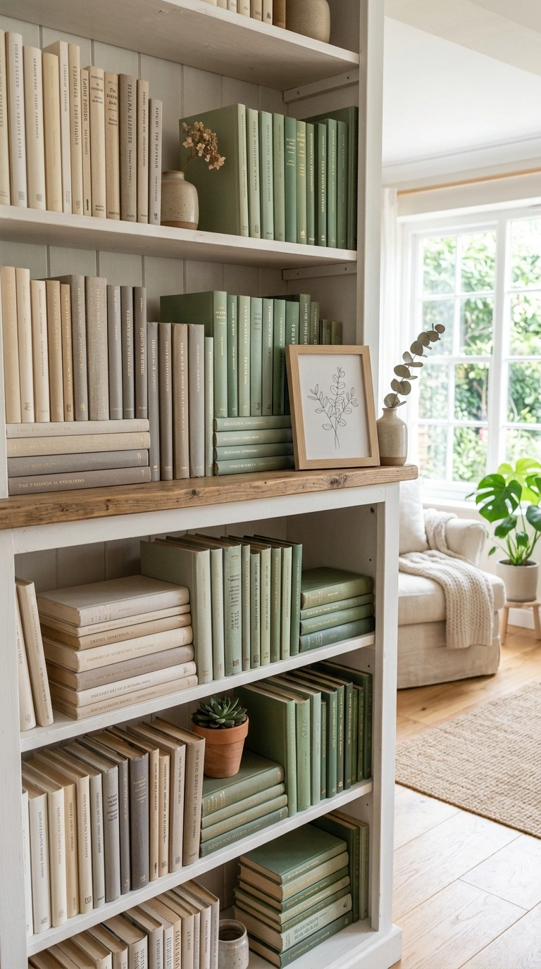 Living Room Shelves Styled Right: 19 Ideas 9 008 Color Block Books A bookshelf in a bright living r