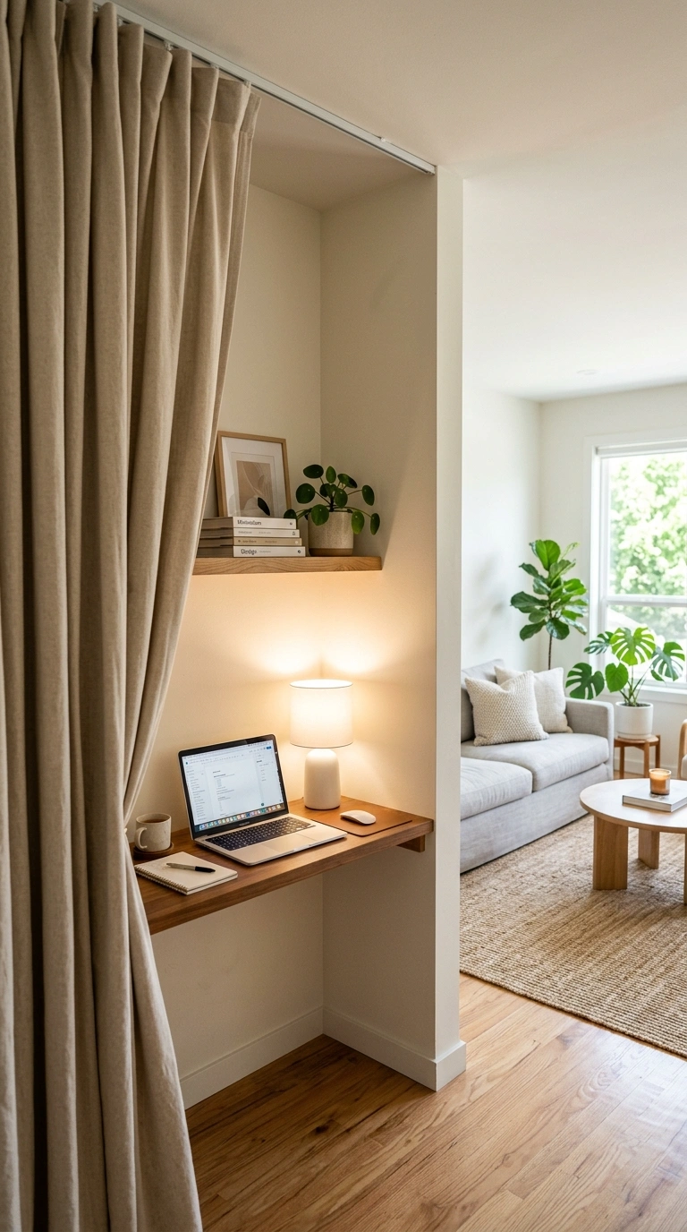 13 Cozy Office Corners for Small Homes 9 008 Curtain Closed Office A corner desk in an open liv