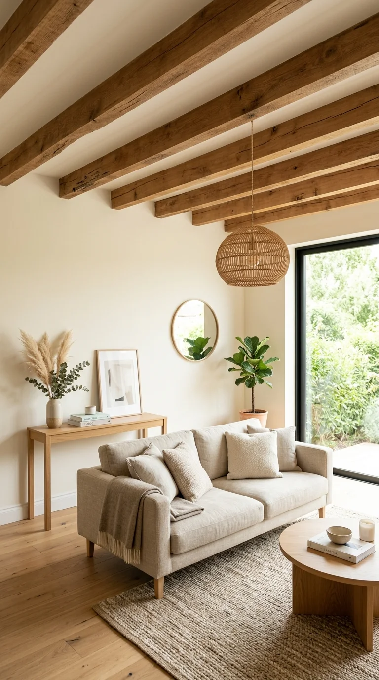 008 Exposed Ceiling Beams A living room with warm medi