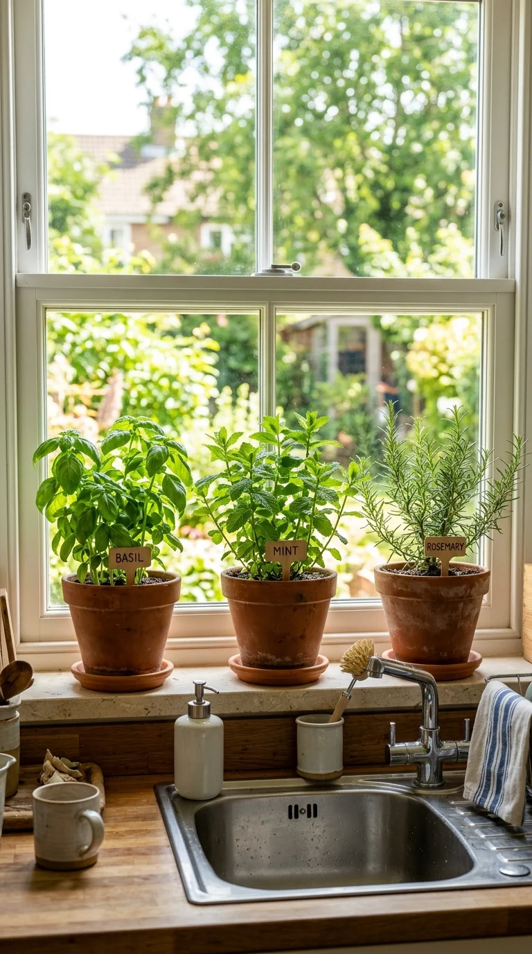 008 Fresh Herb Garden A sunny kitchen windowsill lined