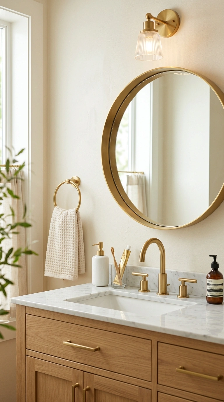 008 Gold Frame Accent A bathroom vanity with a round m