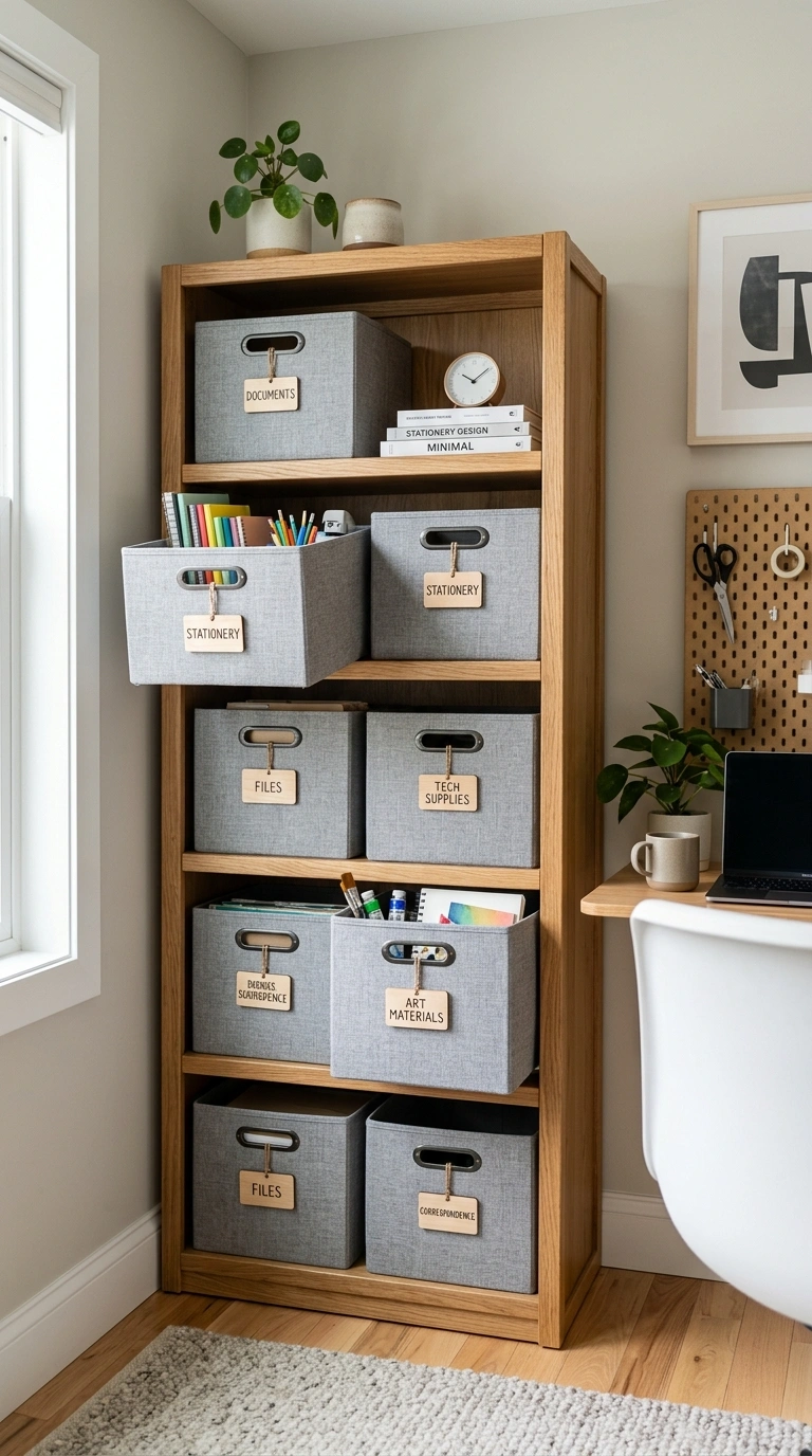Home Office Storage That Keeps You Sane 9 008 Labeled Bin Shelving A wooden shelving unit filled