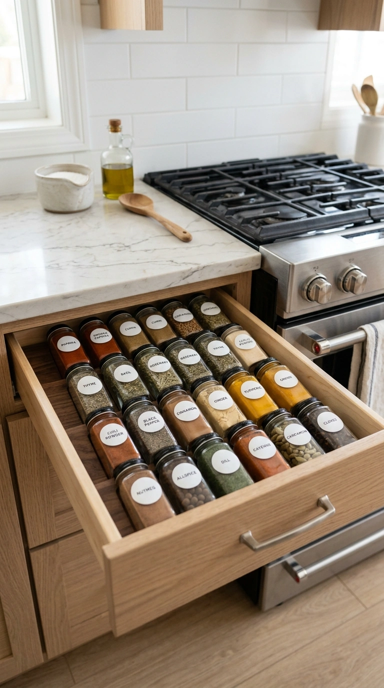 Counter Clutter Gone: 17 Kitchen Organization Ideas 9 008 Labeled Spice Drawer An open shallow kitchen drawe