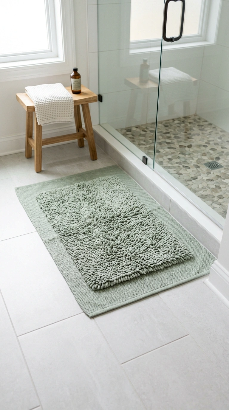 008 Layered Bath Mats A bathroom floor in front of a s