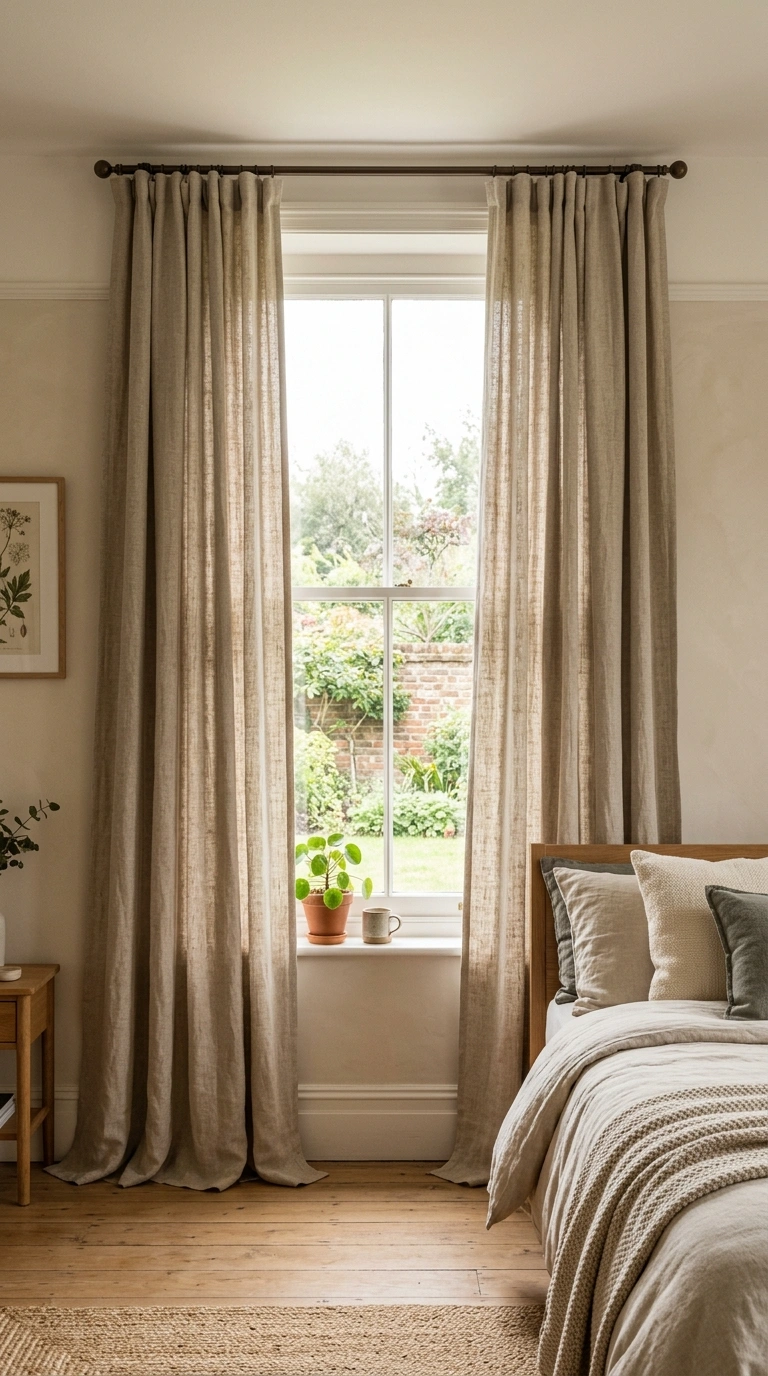 Neutral Bedrooms That Never Go Out of Style (15 Ideas) 9 008 Linen Drapery Panels A bedroom window with floor l