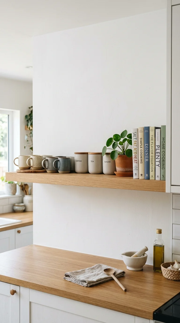 008 Long Wall Shelf A long light wood shelf on a white