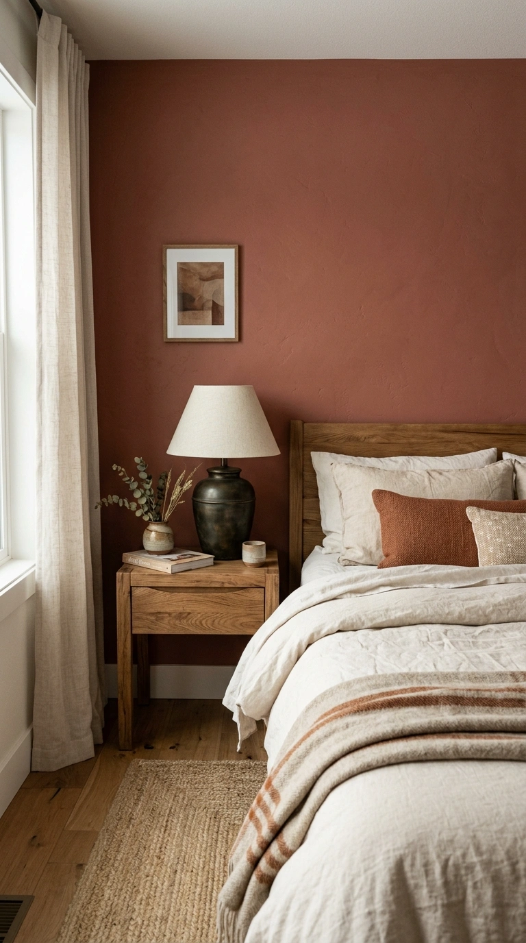 008 Muted Clay Red A bedroom with a muted clay red acc