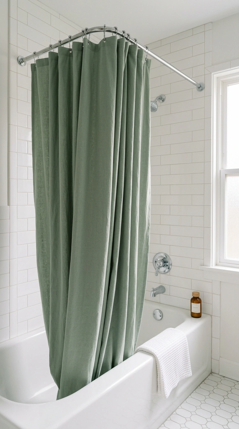 008 New Shower Curtain A bathtub with a solid sage gre
