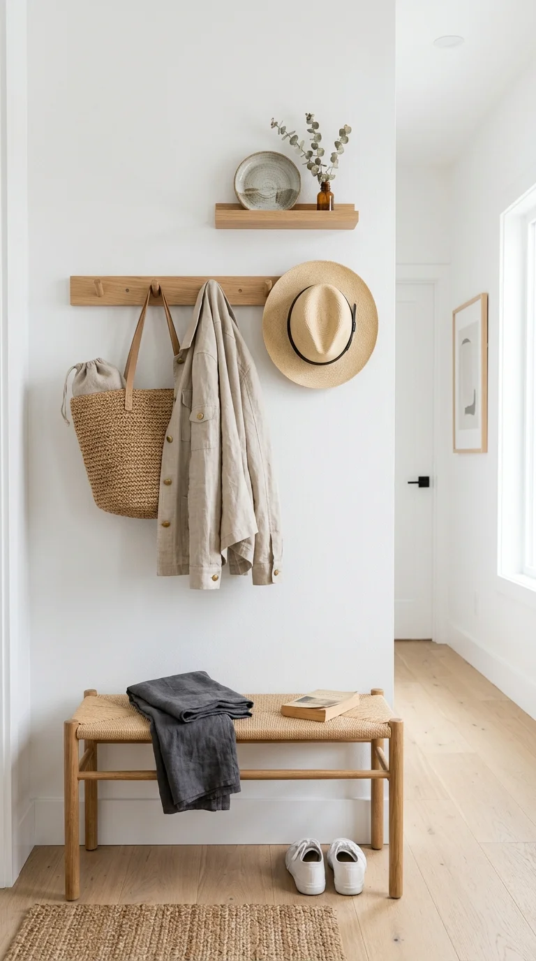 Your Tiny Hallway Deserves This Glow-Up: 20 Ideas to Try 9 008 Peg Rail Hooks A white hallway wall with a natural