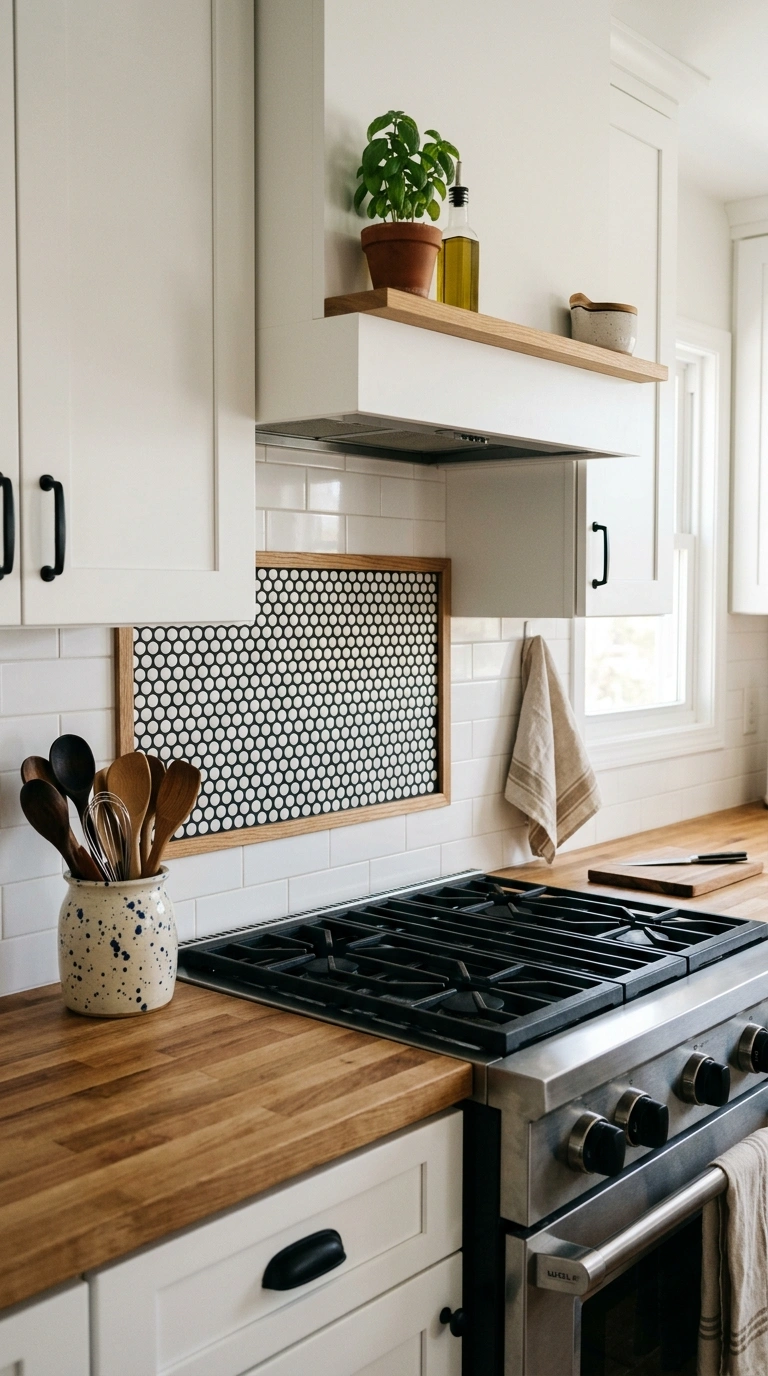 008 Penny Tile Accent A kitchen with a black and white