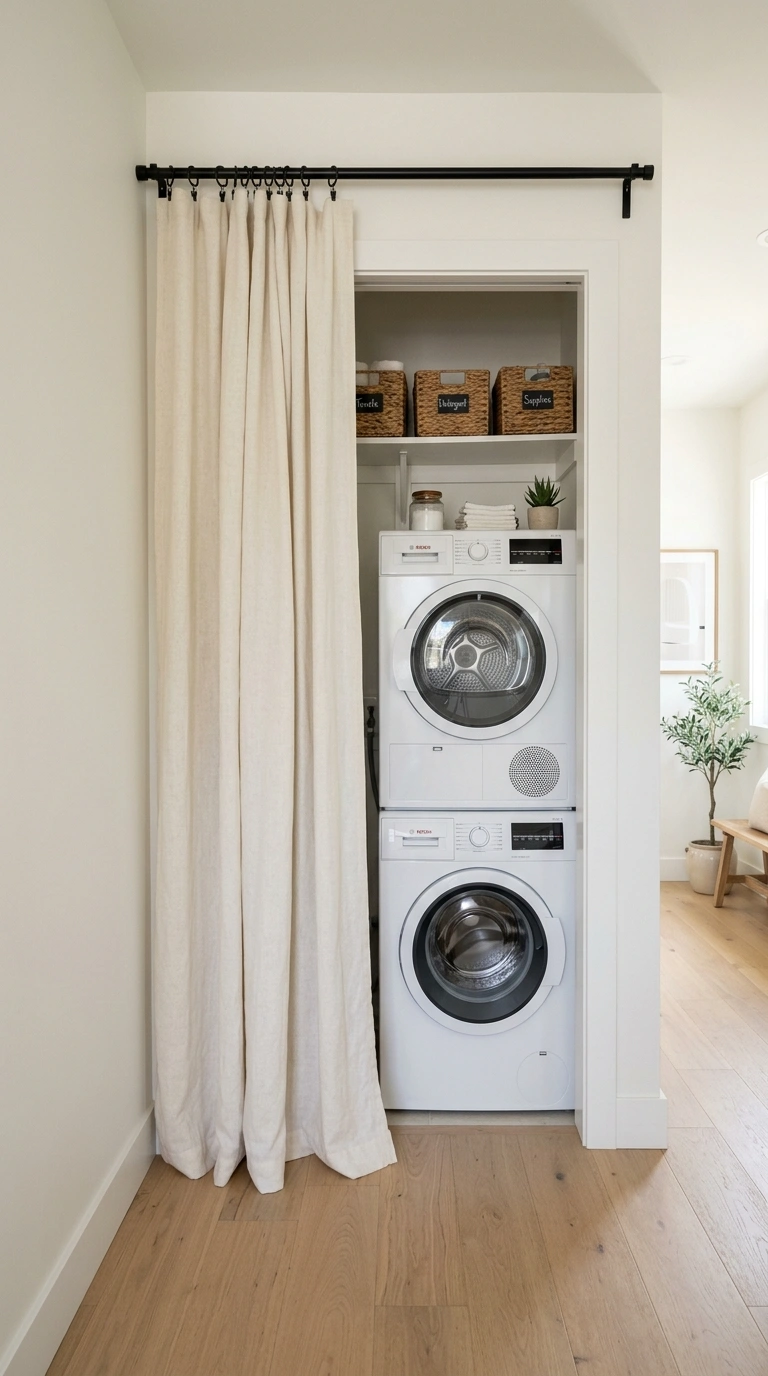 Laundry Closet Storage for Tiny Spaces (11 Ideas) 9 008 Simple Curtain Cover A laundry closet opening in a