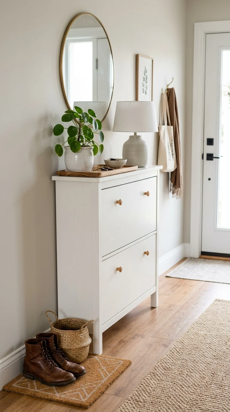 008 Slim Shoe Cabinet A slim white shoe cabinet with f