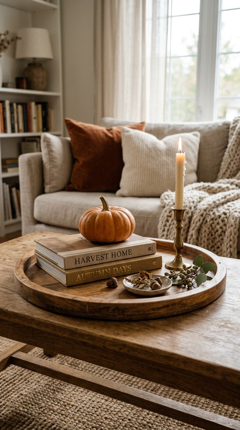 21 Easy Seasonal Updates for Anyone Decorating on a Budget 9 008 Style a Seasonal Tray A round wooden tray centered