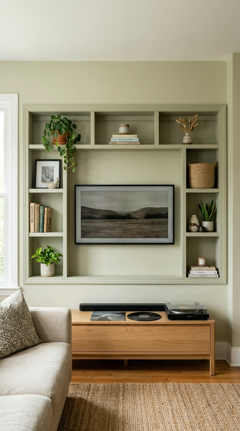 TV Wall Ideas That Don't Look Like an Afterthought (18 Picks) 9 008 Symmetrical Shelving Frame A living room wall with