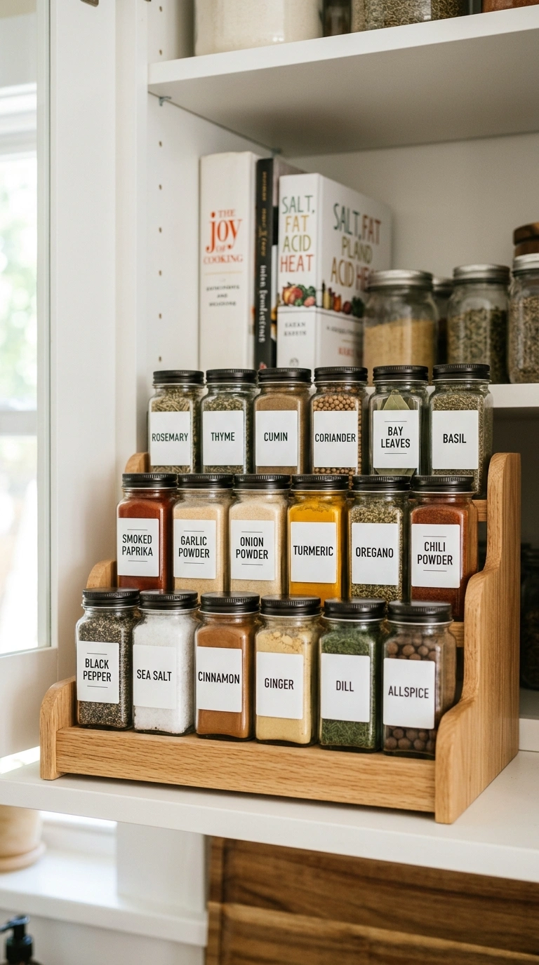 Cabinet Organization Hacks You'll Wish You Knew Sooner (18 Ideas) 9 008 Tiered Spice Shelves A kitchen cabinet shelf fitte